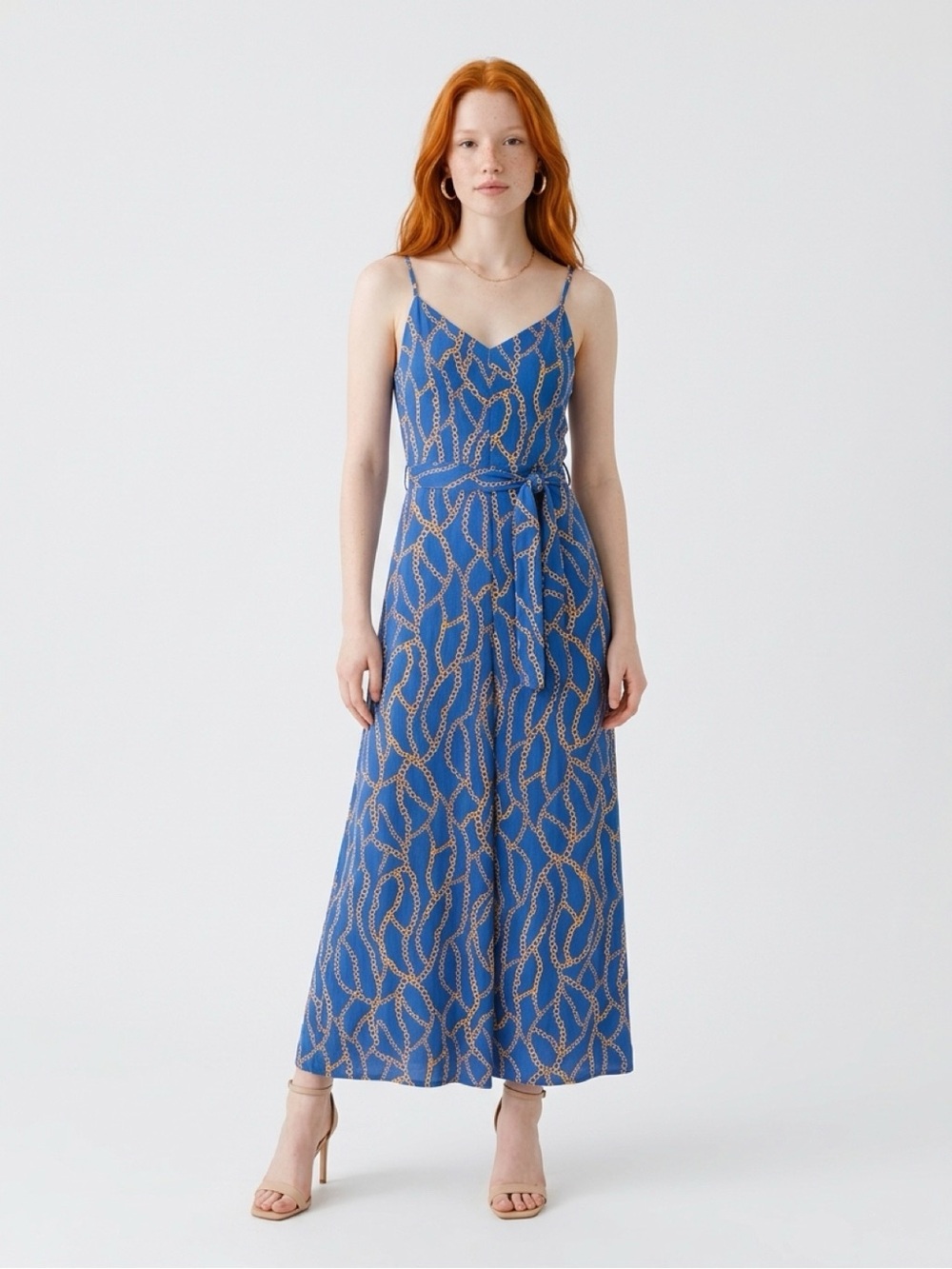 L'AGENCE Blue Chain-Print Spaghetti-Strap Jumpsuit. Never Worn. New without tags